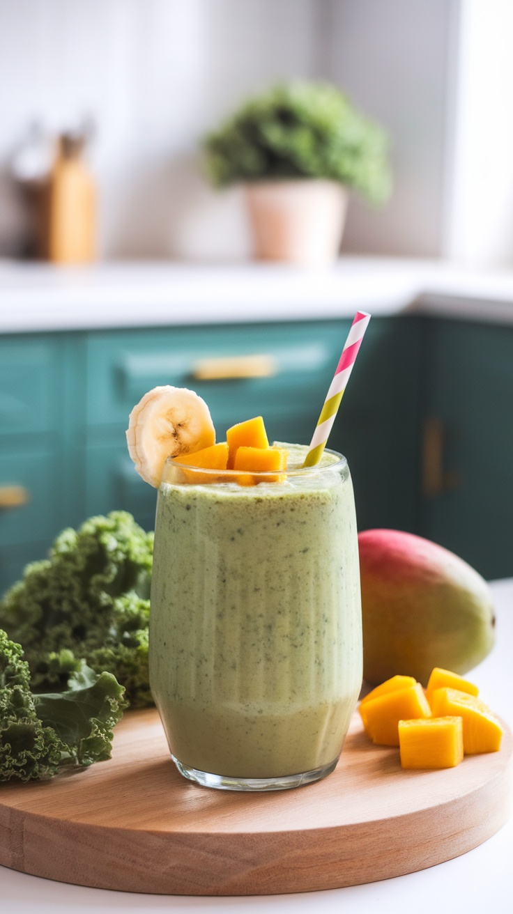 Refreshing Kale Banana Mango Smoothie Recipe A refreshing kale banana mango smoothie in a glass, topped with banana slice and mango chunks, surrounded by fresh kale and a whole mango.